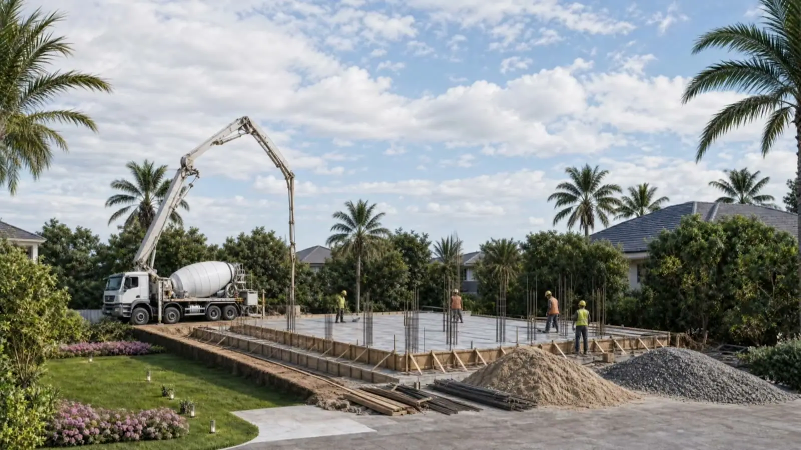 Foundation being poured on a cleared plot