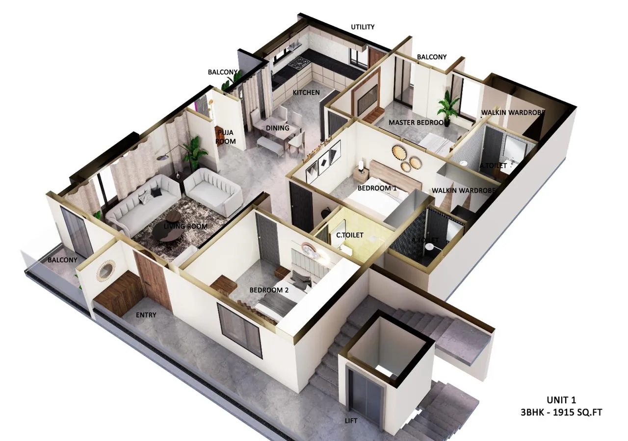 3D cut-away of Unit 1, a 1,915 sq ft 3BHK: living room, dining, kitchen, puja room and three bedrooms beside the lift and stairs