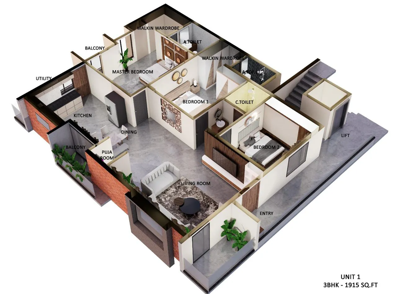 Unit 1 from the opposite corner: exposed-brick outer walls, kitchen and utility, master bedroom with walk-in wardrobe