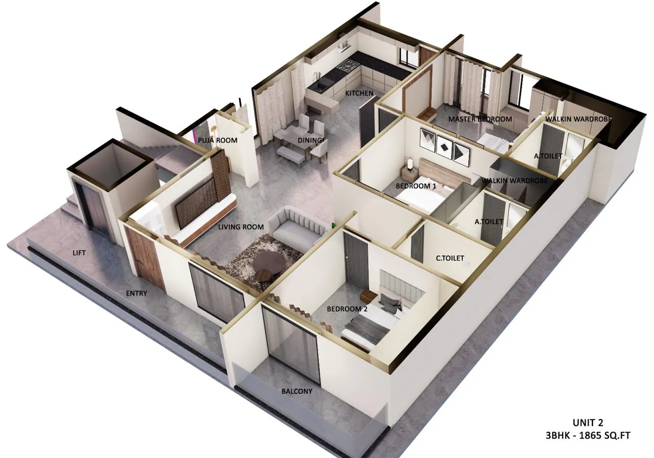 3D cut-away of Unit 2, a 1,865 sq ft 3BHK: living room with TV wall, open kitchen and dining, puja room, three bedrooms