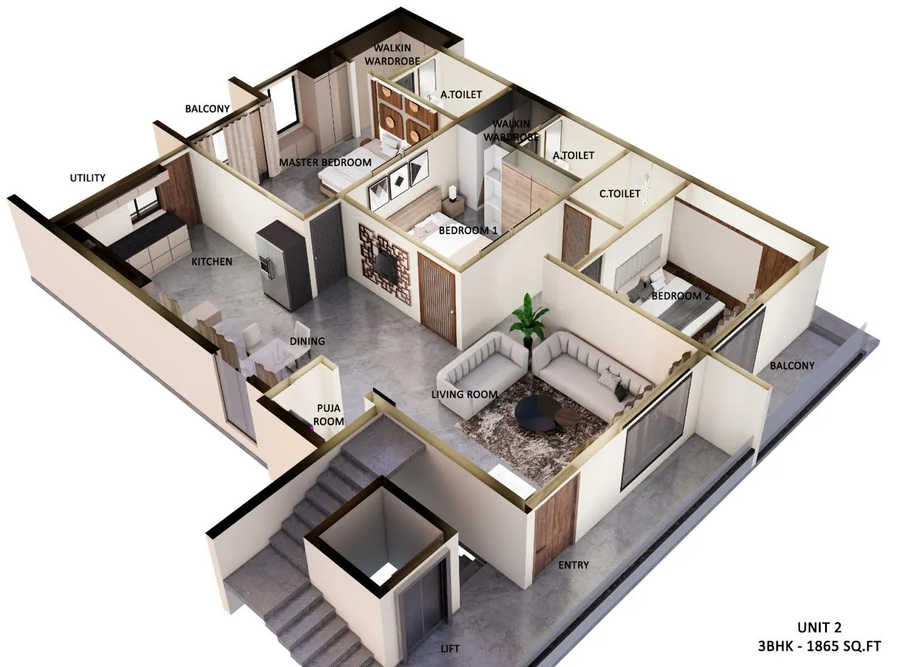 Unit 2 from the stair side: entrance by the lift, living room, a lattice-framed TV wall, two attached toilets