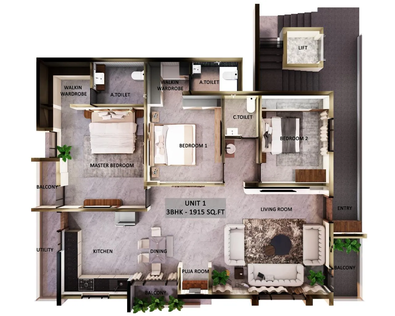 Top-down furnished floor plan of Unit 1, 3BHK, 1,915 sq ft, with every room labelled