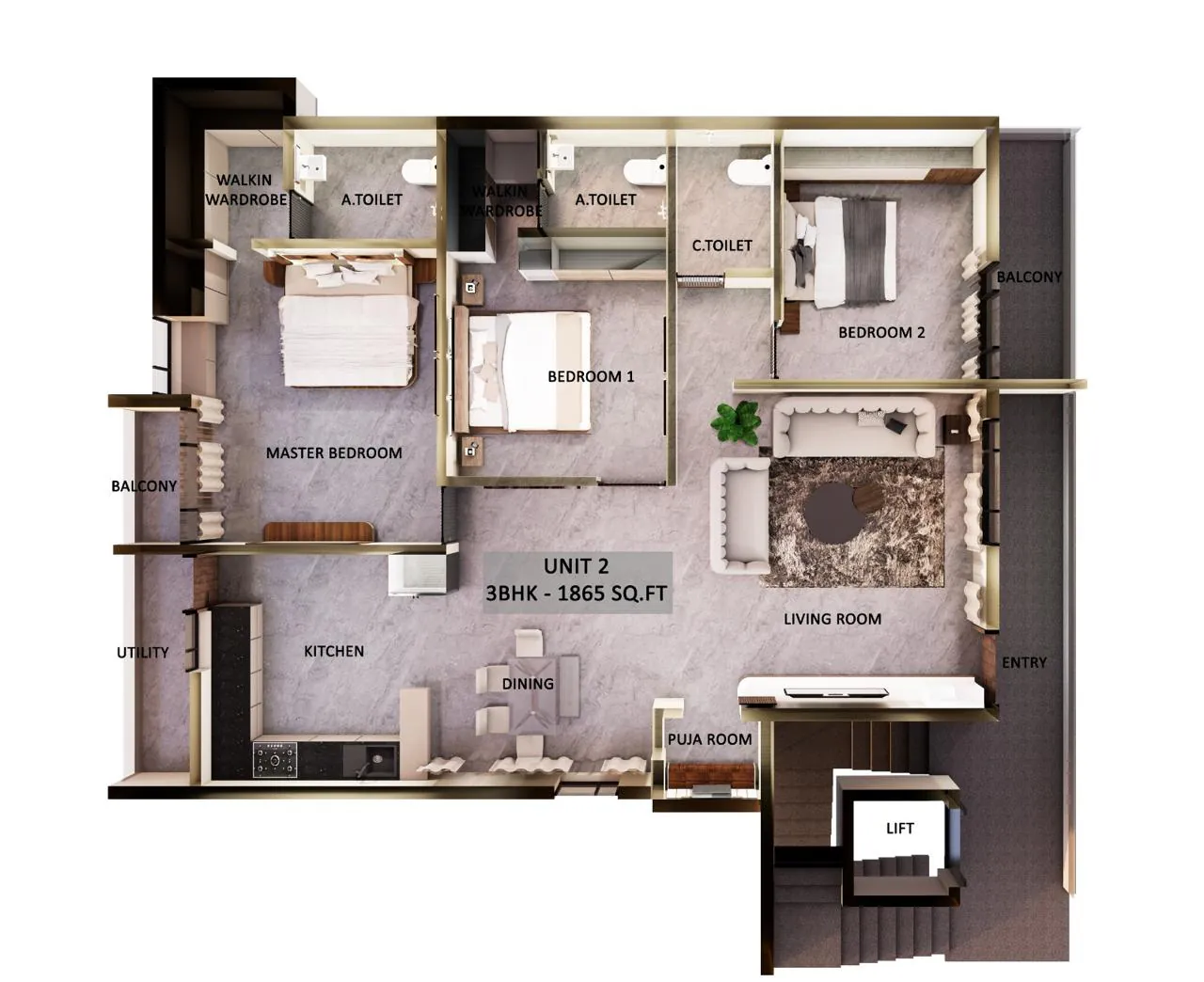 Top-down furnished floor plan of Unit 2, 3BHK, 1,865 sq ft, with every room labelled